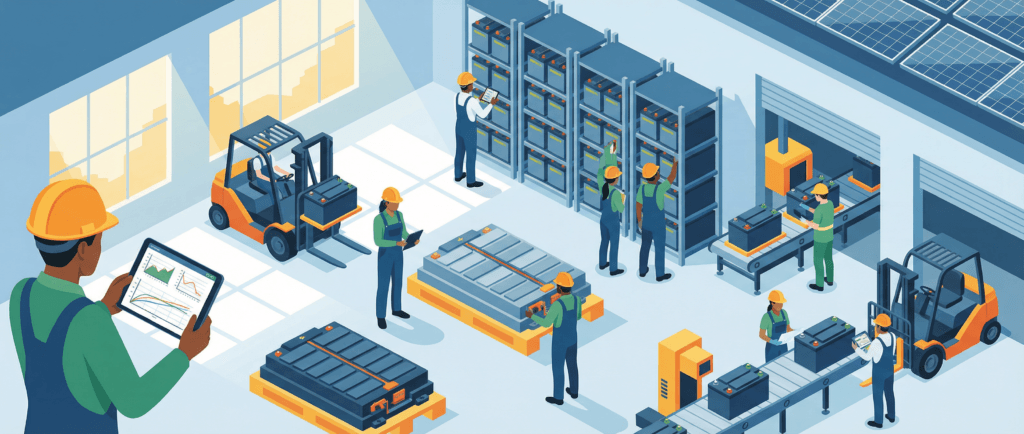 Feature illustration of Latin America wholesalers performing battery cycle life verification on EV battery packs and energy storage systems in a modern warehouse