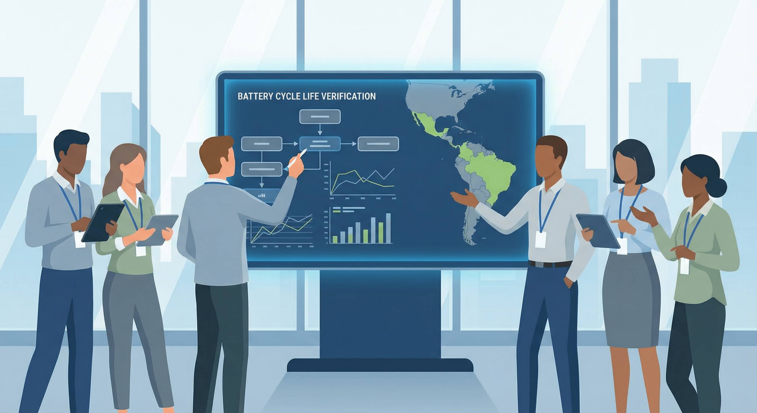 Illustration of Xienauto engineers supporting Latin America wholesalers with battery cycle life verification workflows and technical guidance