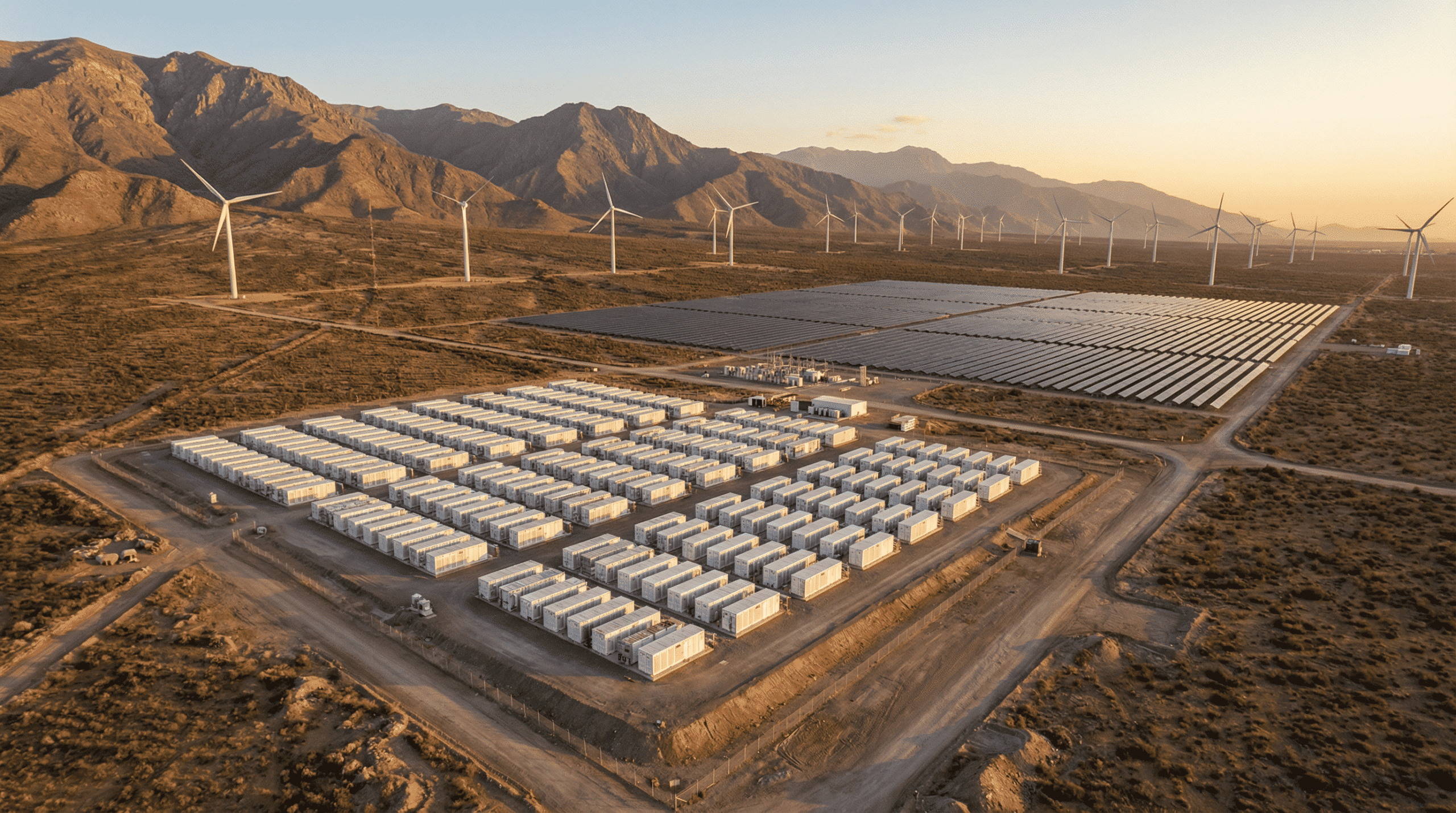 Battery storage OEM Latin America utility-scale energy storage plant with solar and wind in a Latin American landscape