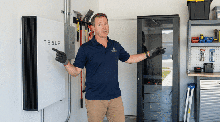 Installer comparing a wall mounted lithium battery vs rack battery in a modern residential garage