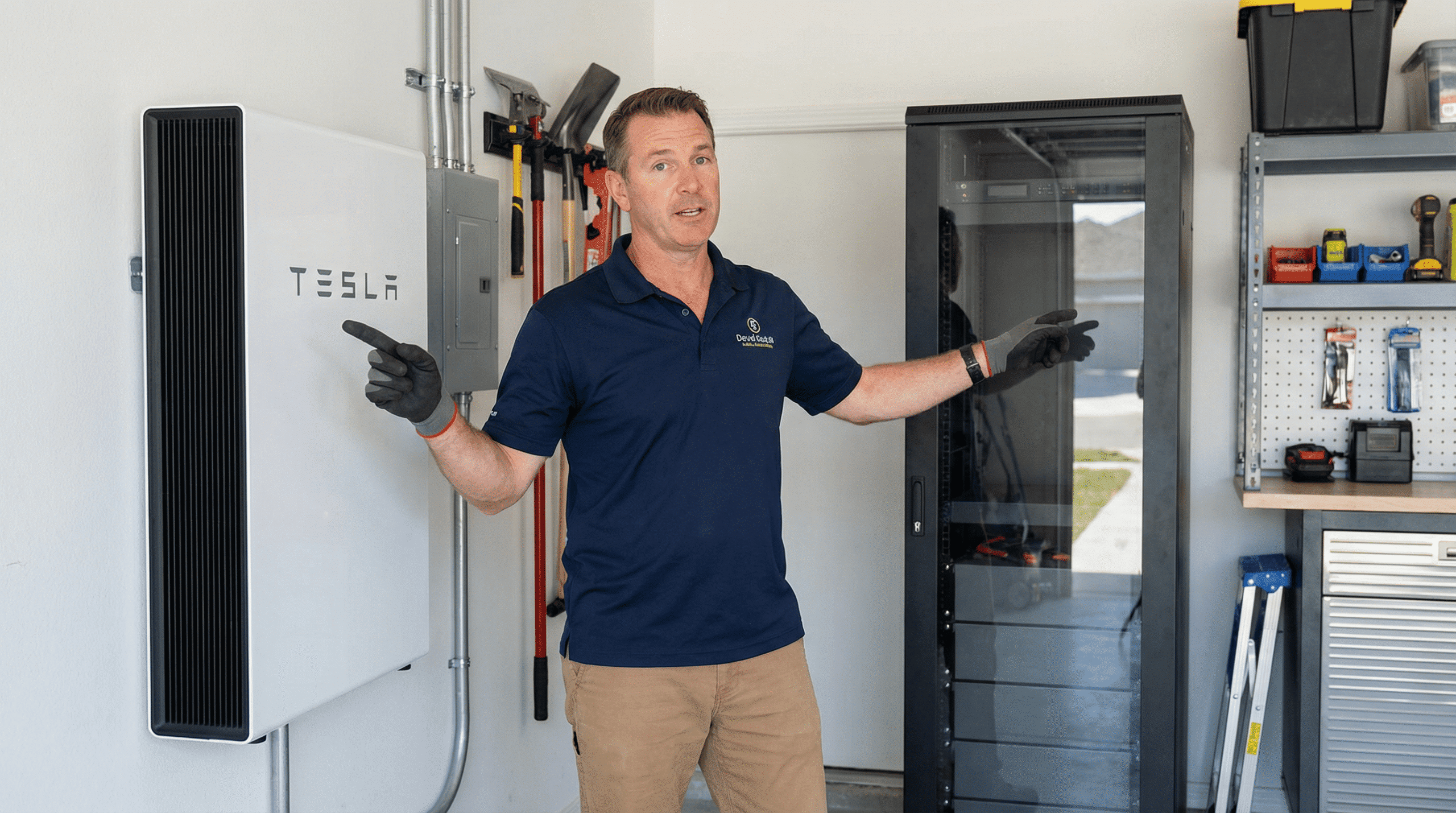 Installer comparing a wall mounted lithium battery vs rack battery in a modern residential garage